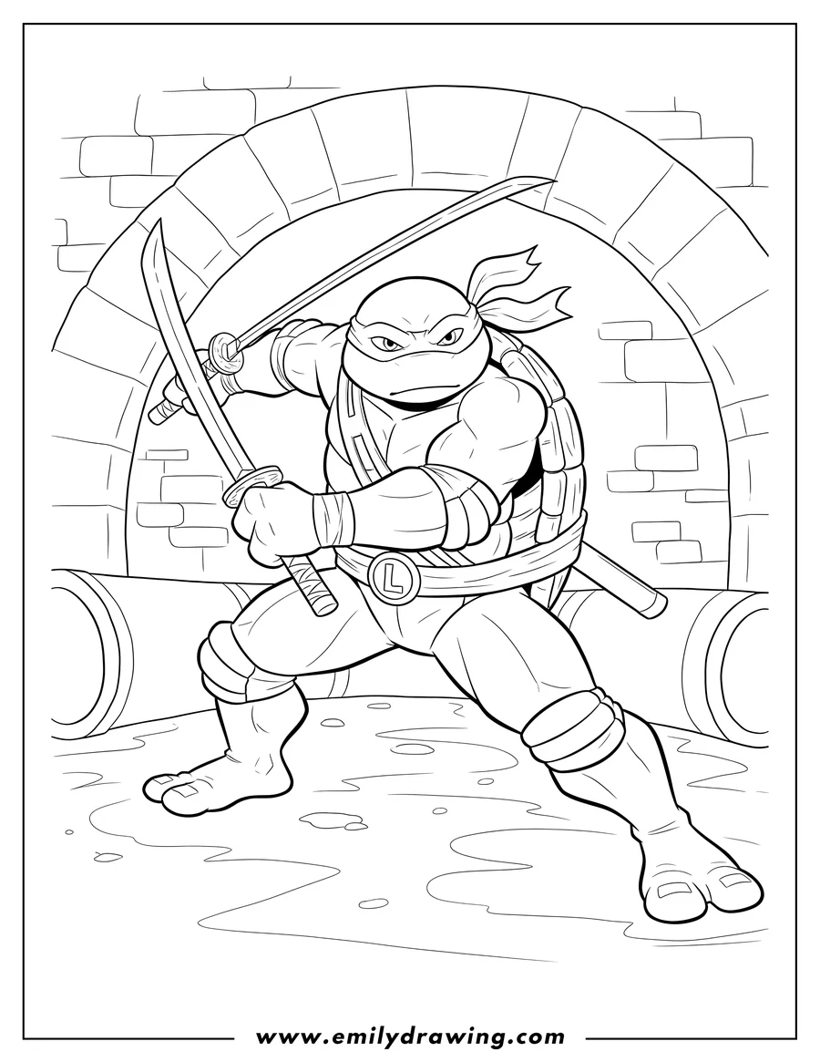 Doodle style coloring picture of adult Leonardo in a dynamic fighting pose, wielding dual katanas, in a sewer