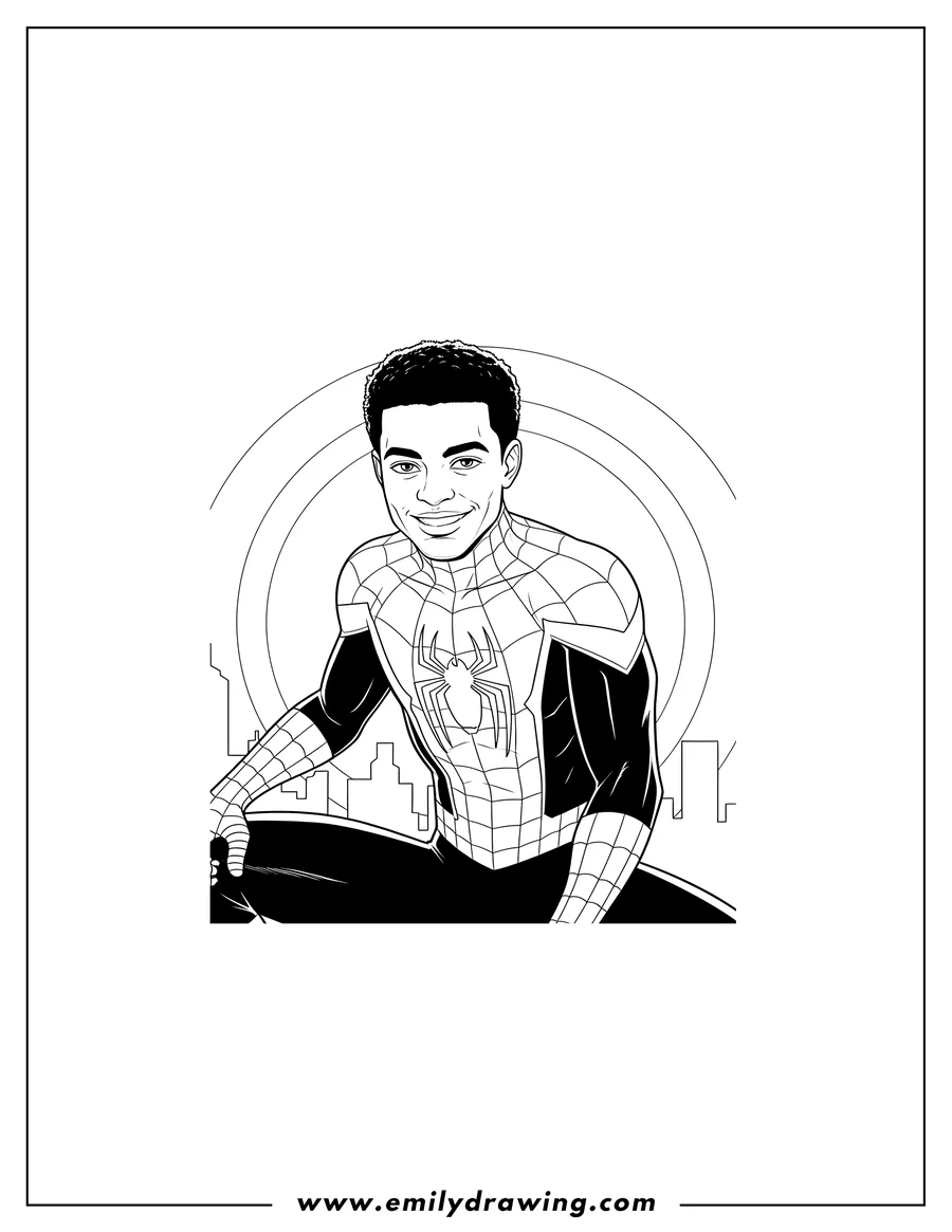 Doodle style coloring picture of adult Miles Morales unmasked in his Spider-Man suit