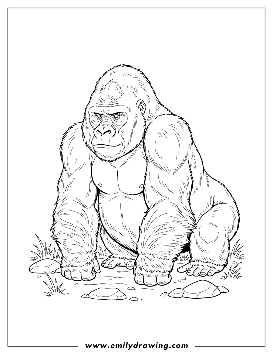 High quality printable adult Mountain Gorilla crouching on the grass, looking forward with a serious expression for coloring