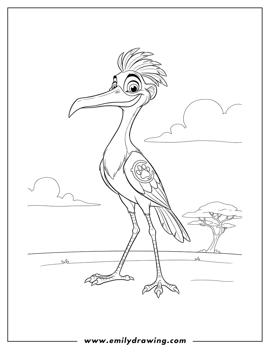 Simple sketch of adult Ono standing with a long beak, a crested head, and his Lion Guard mark to color