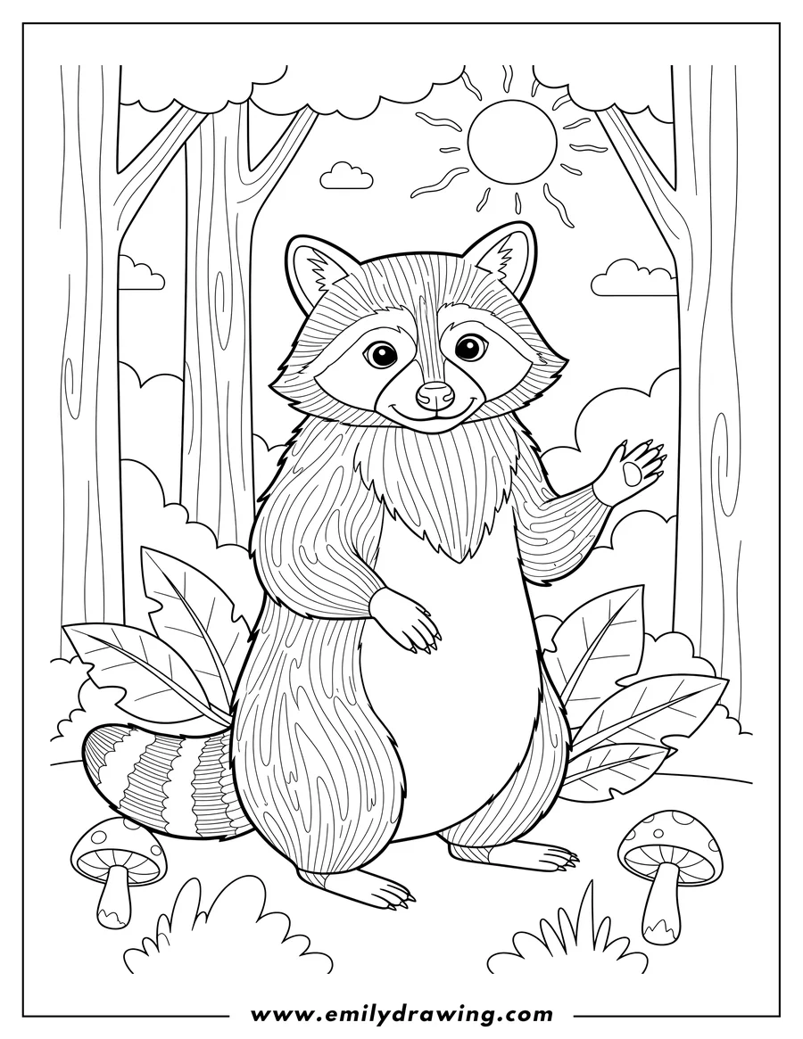 Printable coloring page of adult Racoon Forest, standing, with mask-like facial markings