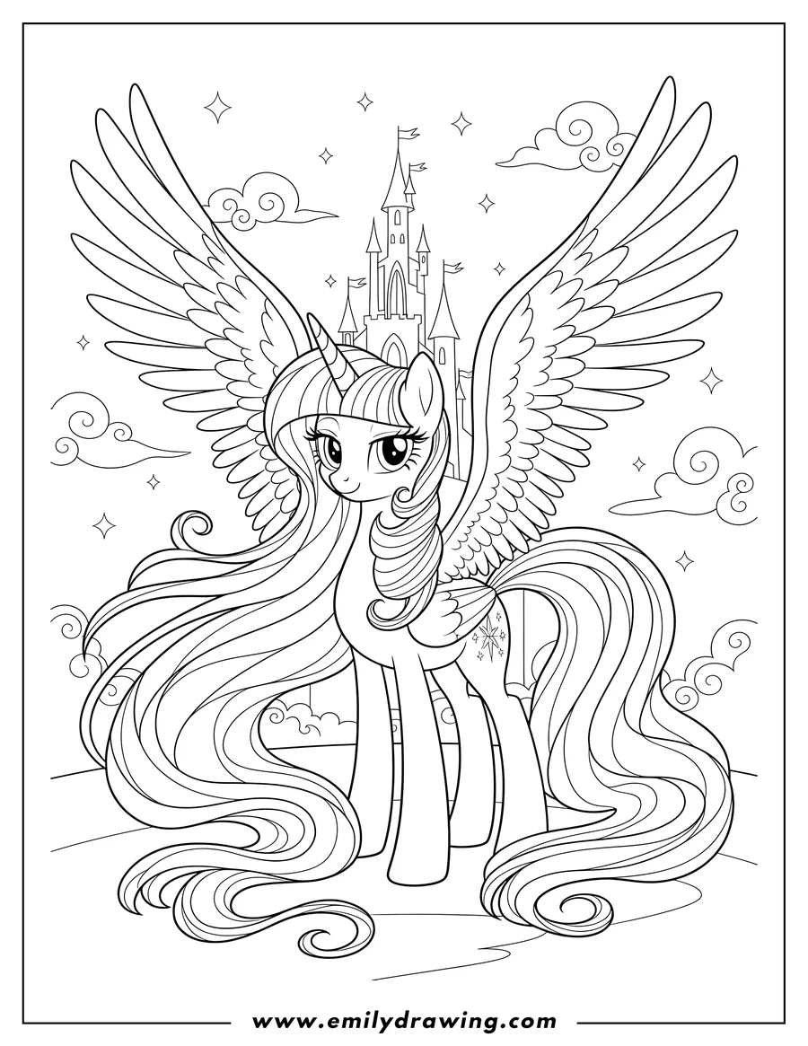 Doodle style coloring picture of adult Twilight Sparkle standing with huge wings and long, flowing mane and tail