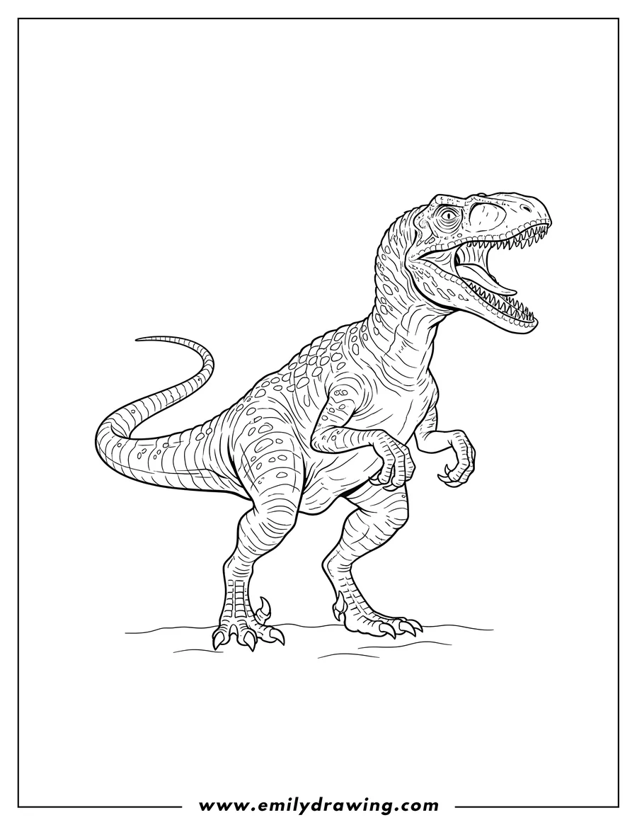 Coloring page for kids: adult Velociraptor Scaled, standing, head turned right, mouth open