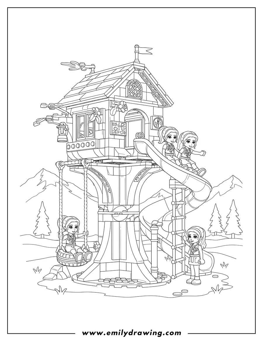 Printable line art of lego Friends Adventure Camp Tree House with girls playing on a slide, climbing, and a tire swing