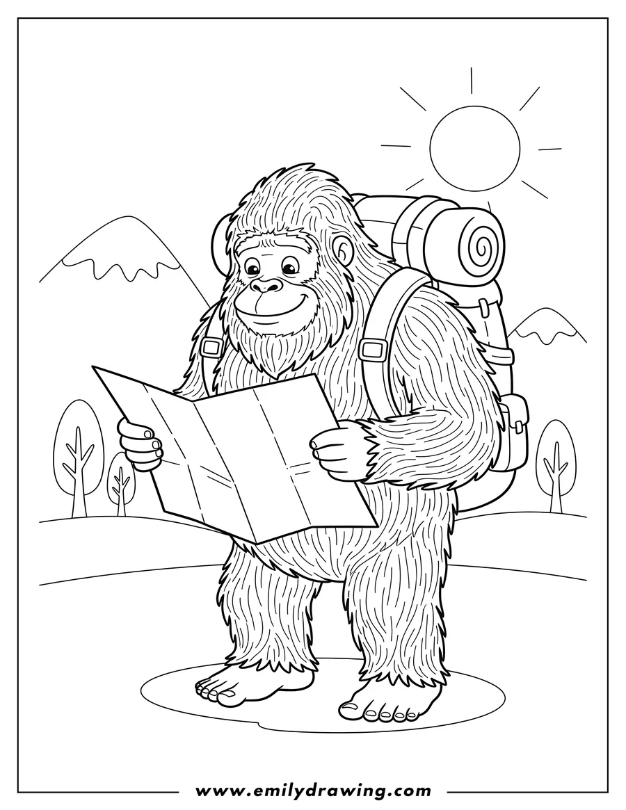 Doodle style coloring picture of adventurous, smiling, shaggy Bigfoot standing barefoot, reading a map and wearing a backpack