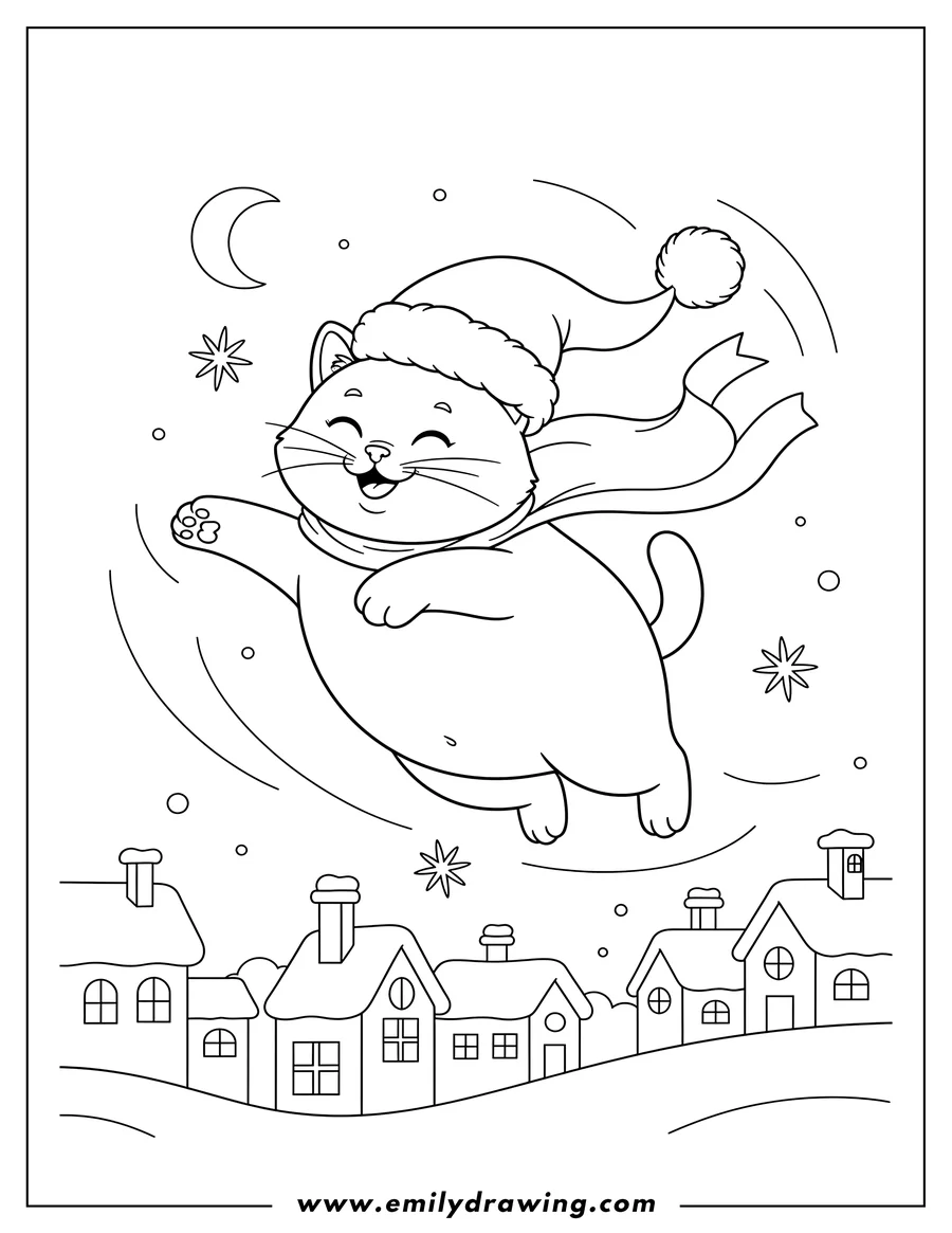 Coloring page of adventurous Christmas Cat wearing a Santa hat and ribbon, flying over town