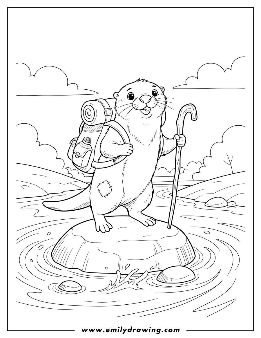Outline drawing of adventurous Otter With Backpack Standing on a Rock While Crossing River