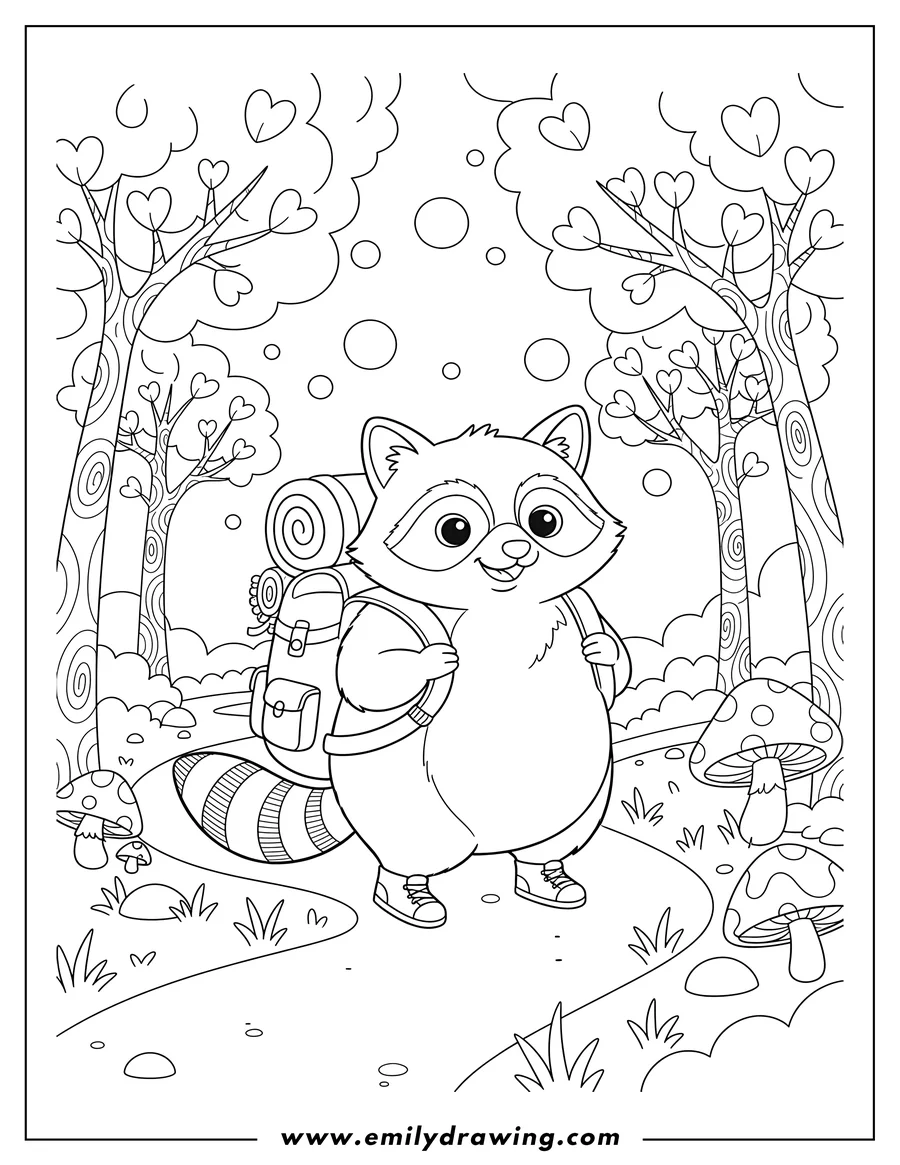 Coloring page for kids: adventurous Raccoon With Backpack Hiking Forest, walking on a path with big, friendly eyes