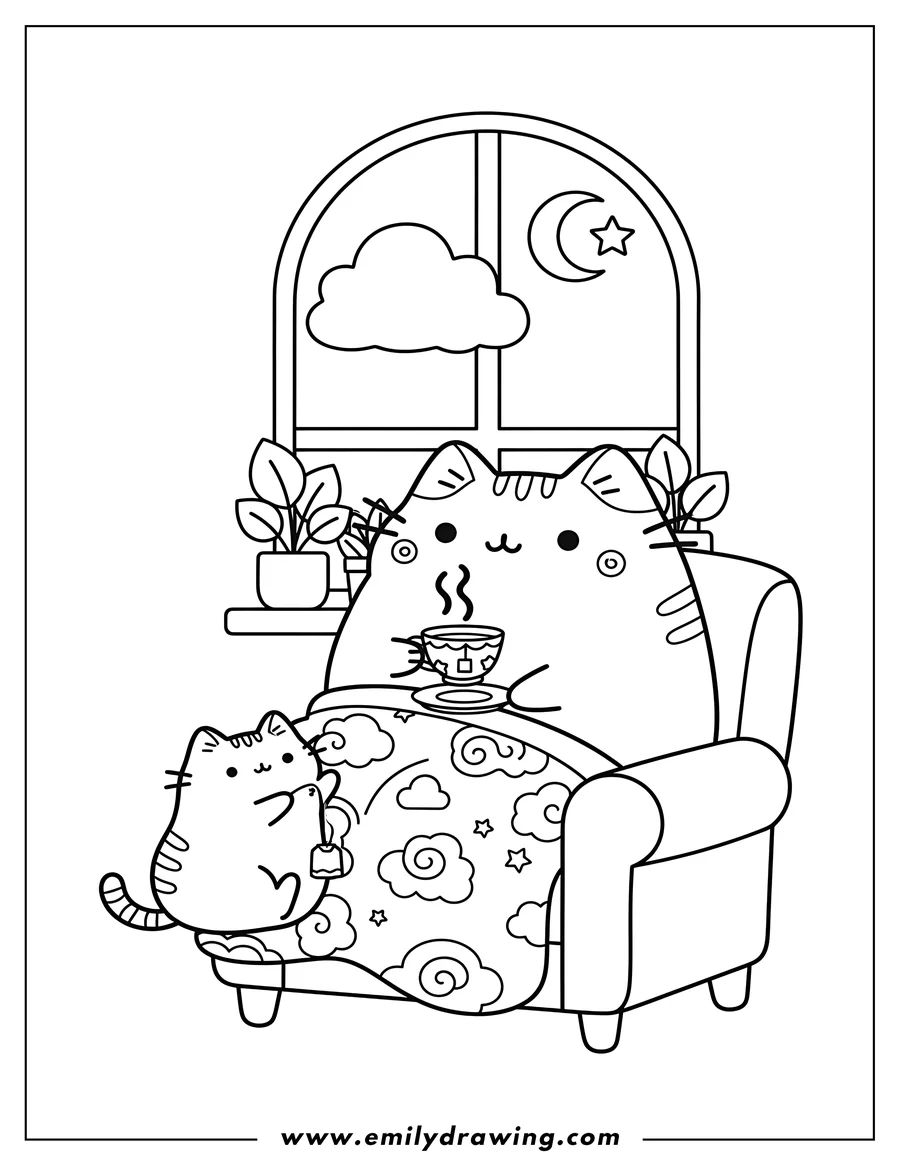 Doodle style coloring picture of aesthetic Kawaii Pusheen Scaled, drinking tea by a window with a small cat