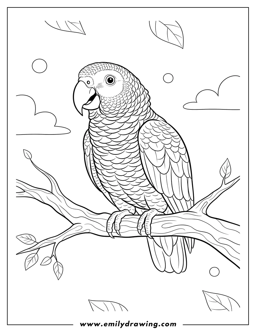 Black and white line art of african Grey Parrot sitting on a tree branch