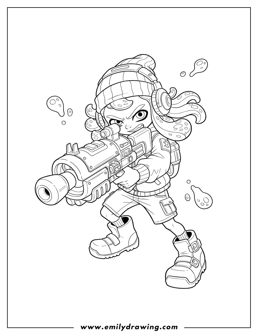 PDF style coloring page: agent 3 wearing a striped hat and headphones, aiming a Hero Shot in Splatoon