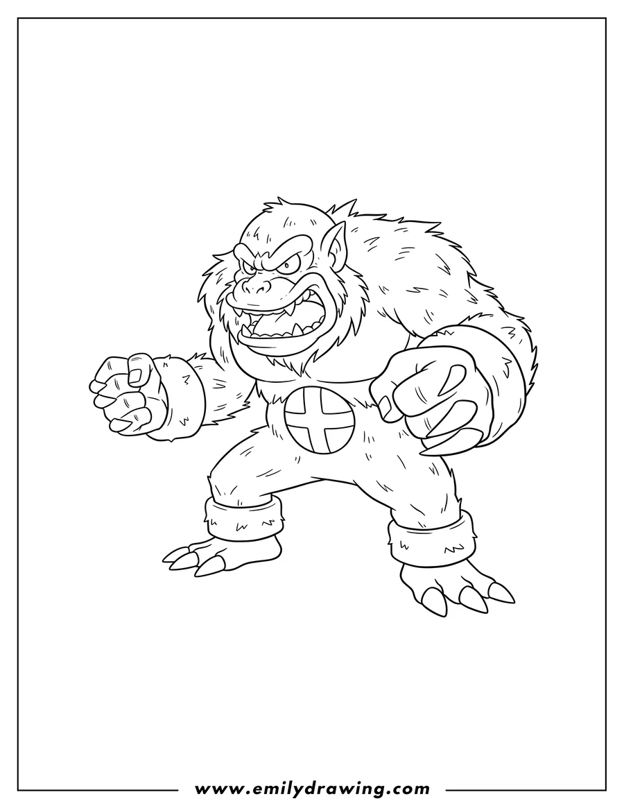 Black and white line art of easy Primeape Outline, standing aggressively with sharp claws