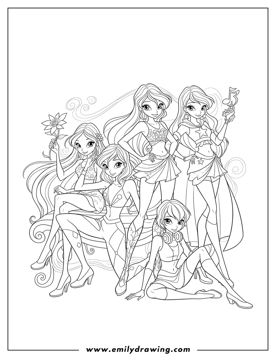 Full page coloring image of aisha Flora Stella Tecna Bloom And Musa posing together, standing and sitting