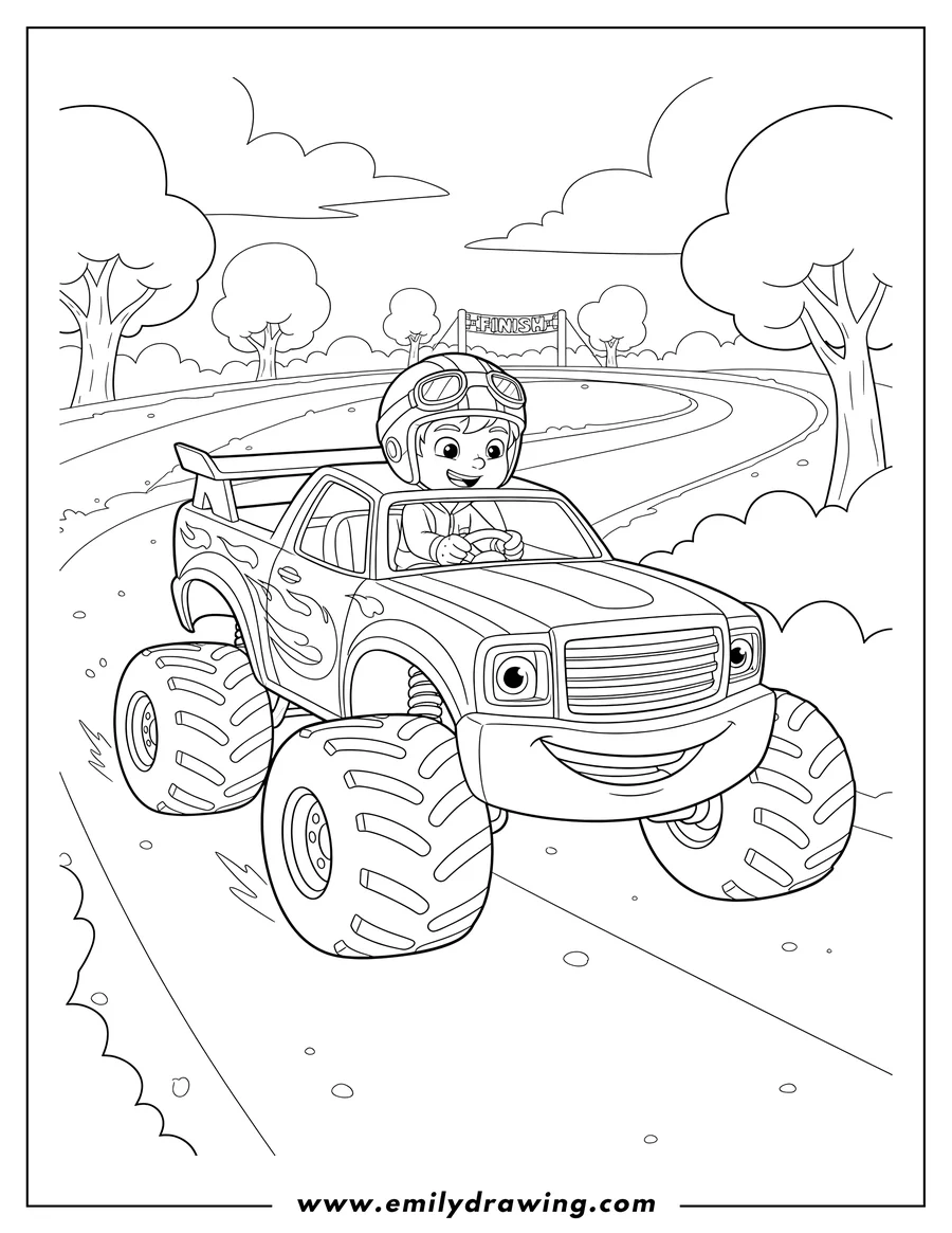 Linear illustration of aj in a helmet driving smiling Blaze race car