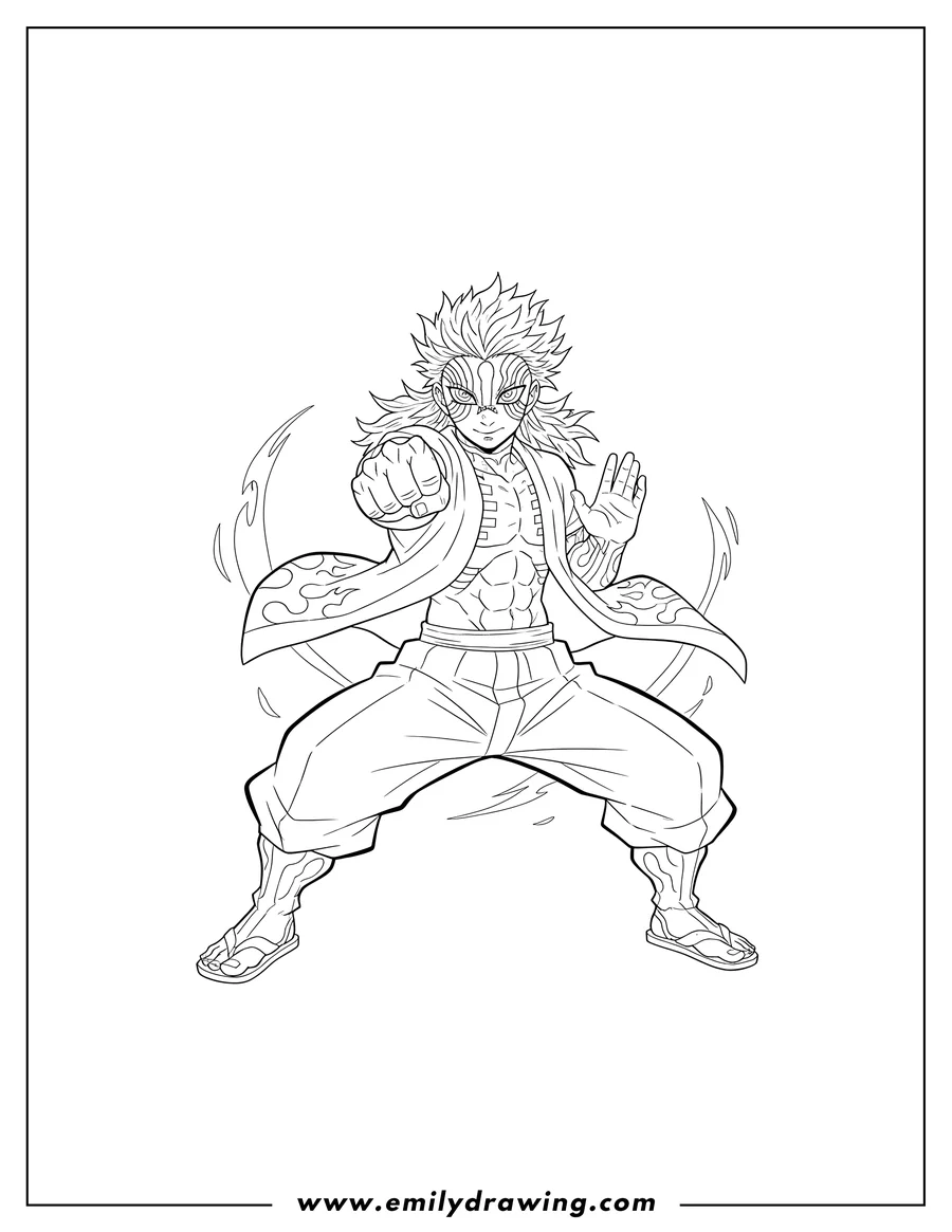 Free printable coloring sheet of akaza in a dynamic fighting stance with his left fist clenched and right palm open