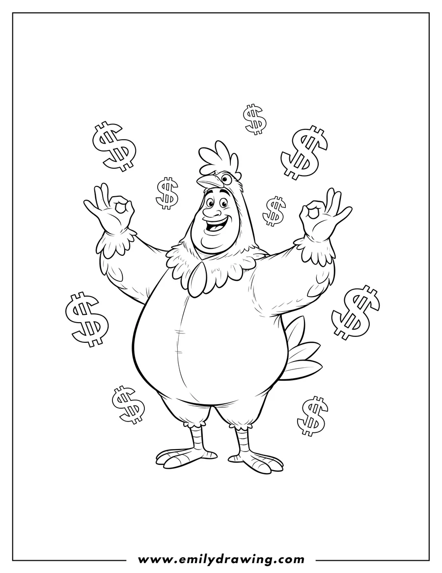 Full page coloring image of al McWhiggin, the Chicken Man, smiling and making an okay gesture, surrounded by dollar signs