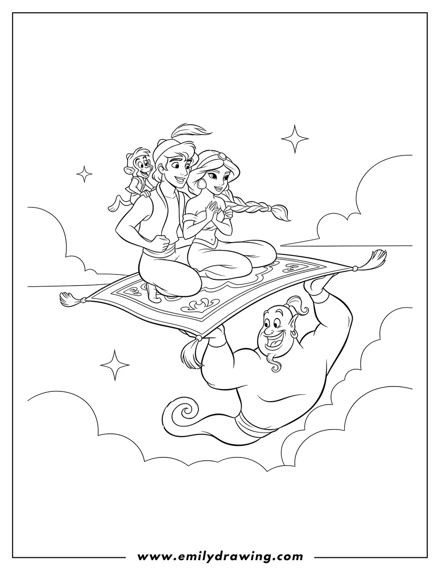 Full page coloring image of aladdin, Jasmine, and Abu riding a Magic Carpet with Genie