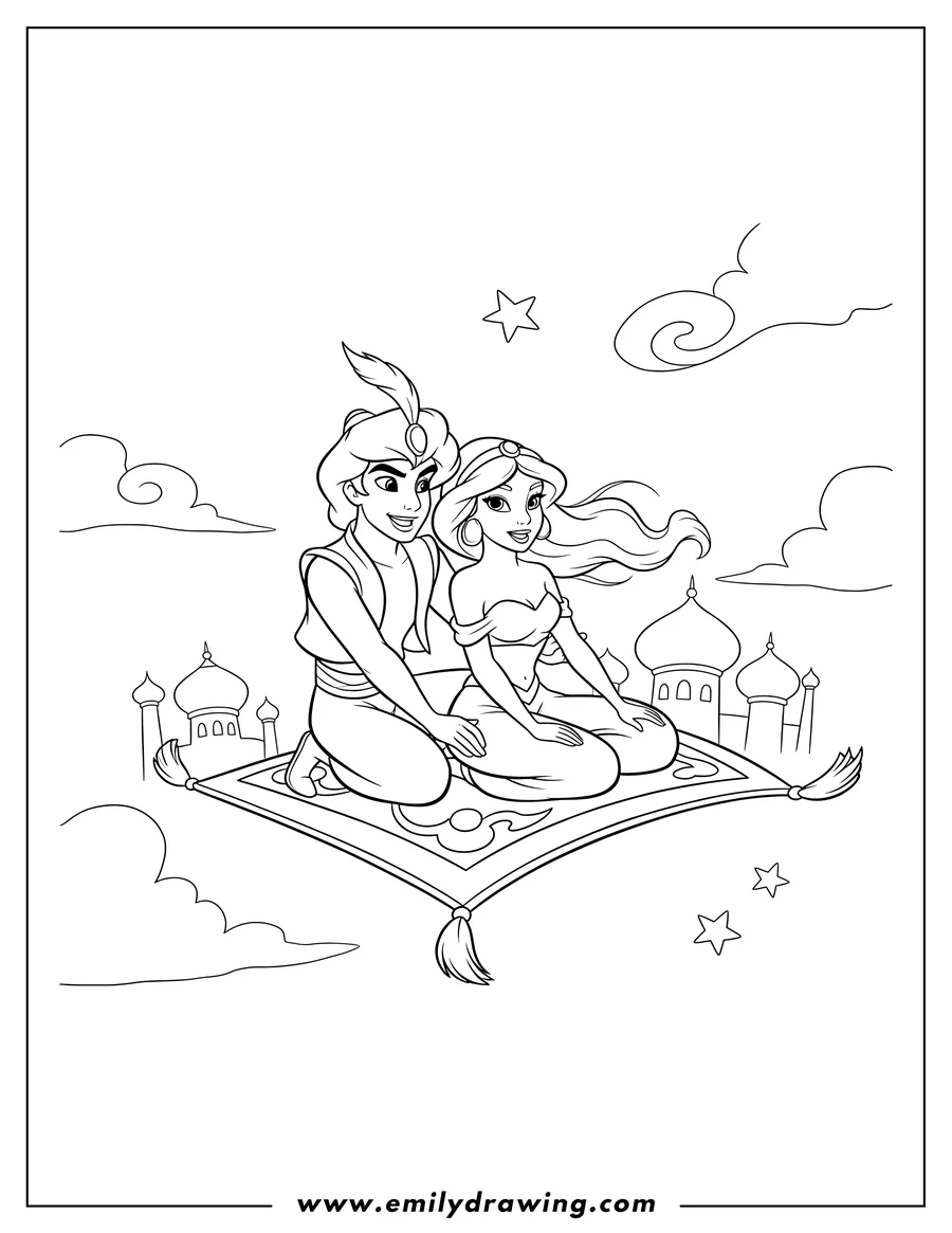 High quality printable aladdin and Jasmine flying on a magic carpet for coloring