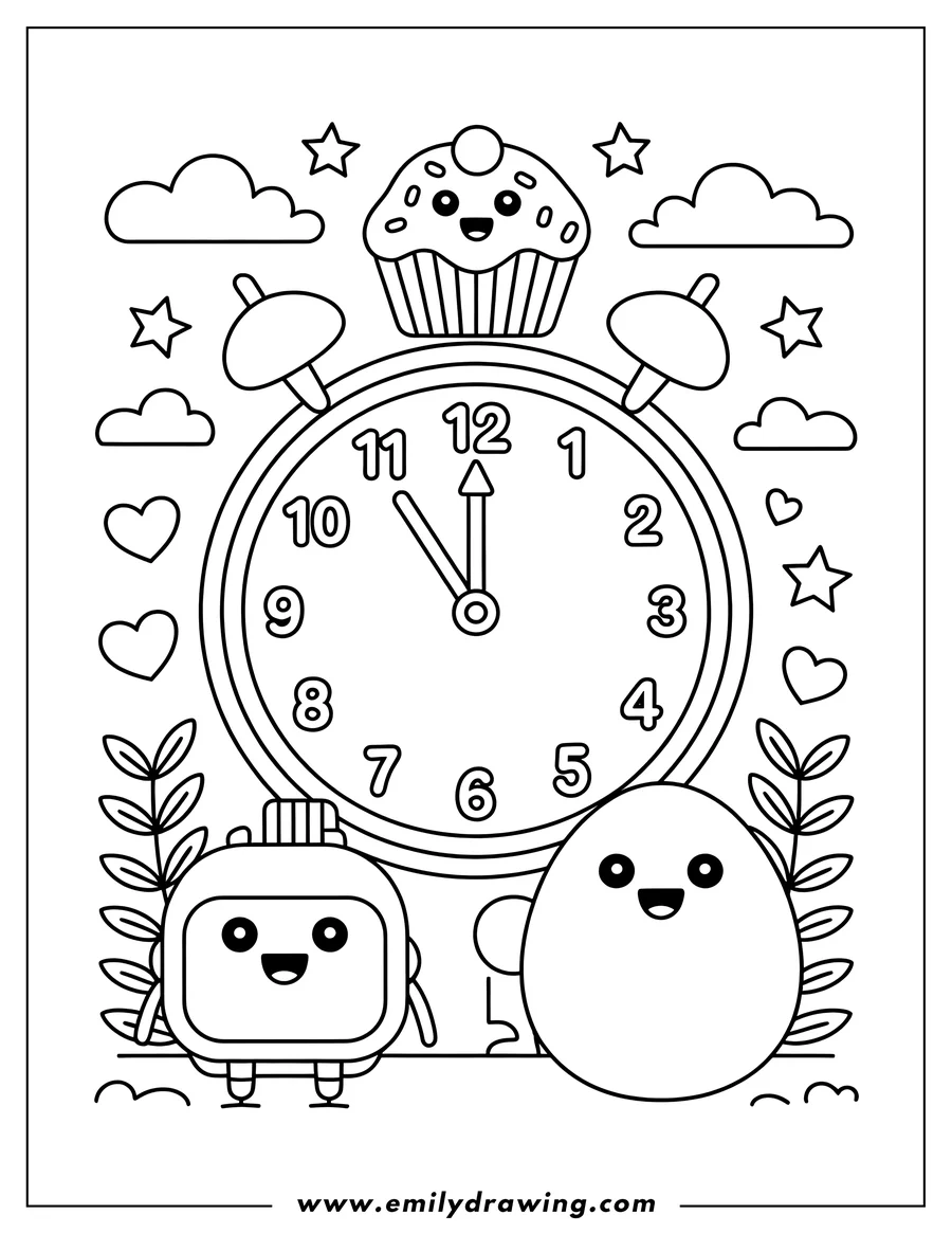Line art of an alarm clock with a smiling cupcake on top, flanked by a rectangular robot-like character and a round character, all surrounded by stars, clouds, and hearts.