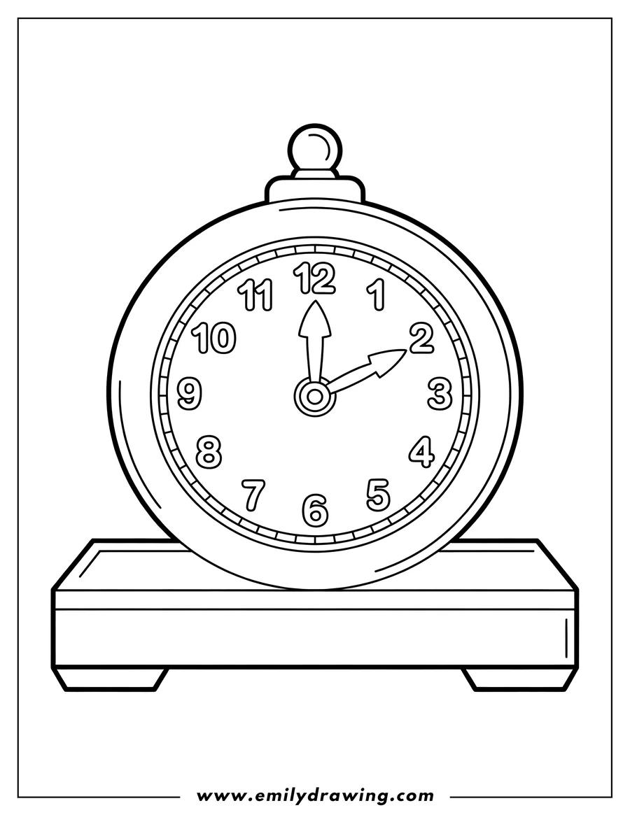 Line art of a round alarm clock with a bell on top, resting on a rectangular stand with feet