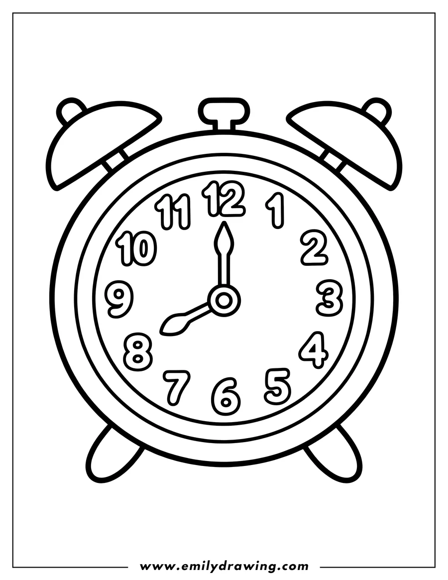 Line art of a round alarm clock with two bells on top and two feet on the bottom. The clock face shows numbers 1 through 12, with the hour hand pointing to 8 and the minute hand pointing to 12.