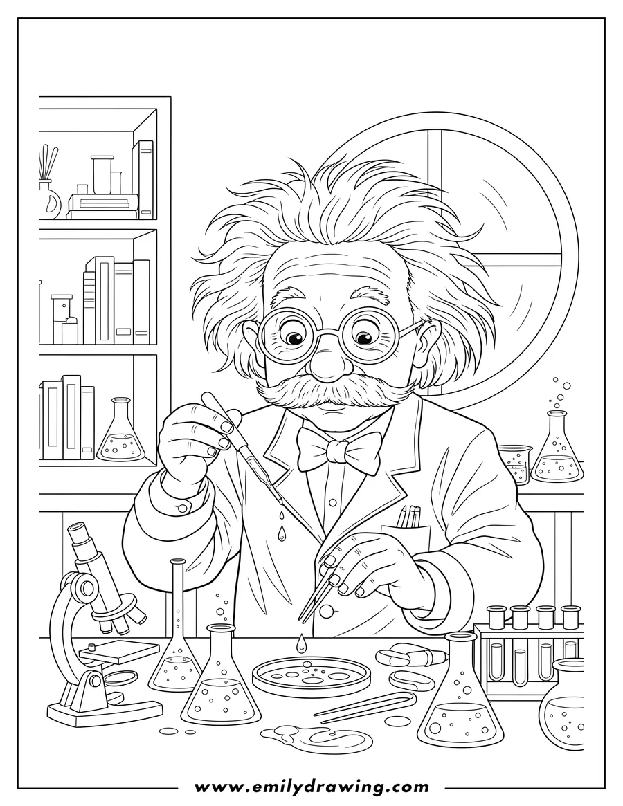 Coloring page for kids: albert Einstein, with wild hair and mustache, meticulously performing a laboratory science experiment with small tools