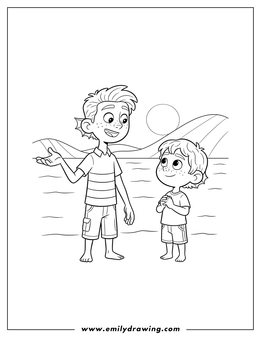 High quality printable alberto and Luca talking, with Alberto gesturing for coloring