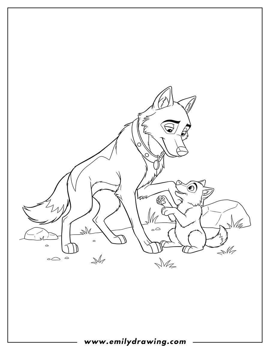 PDF style coloring page: aleu Wolfdog From Balto Movie with a playful wolf cub