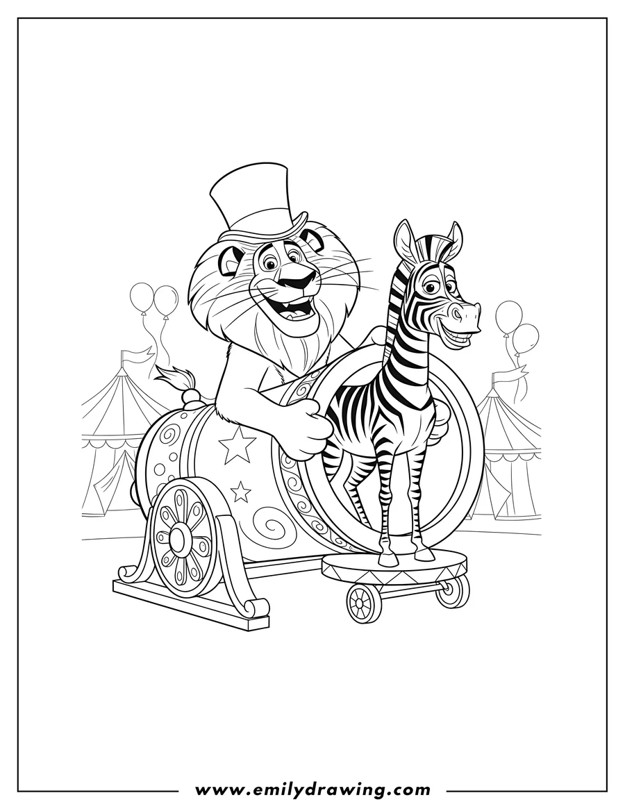 Free printable coloring sheet of alex And Marty Inside Circus Canon, with Alex the lion in a top hat holding onto Marty the zebra's wheeled platform