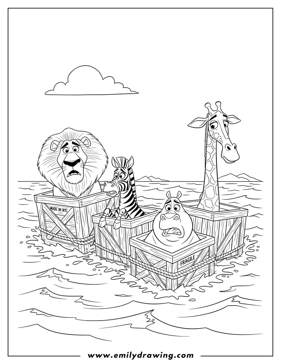 Free to print drawing of alex, Marty, Gloria, and Melman shipwrecked and floating in crates with worried expressions