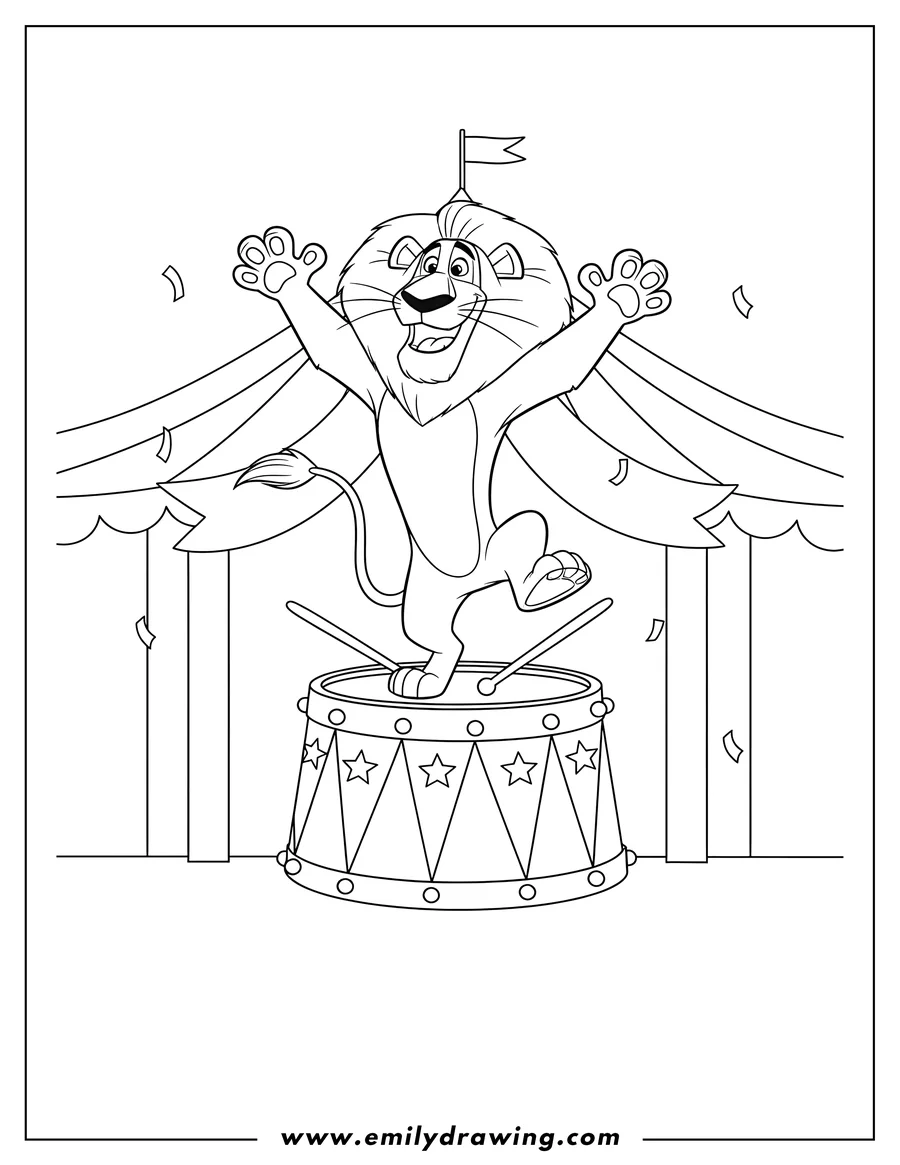 Coloring sheet featuring alex the Lion in his iconic pose, standing on one leg on a circus drum with raised paws