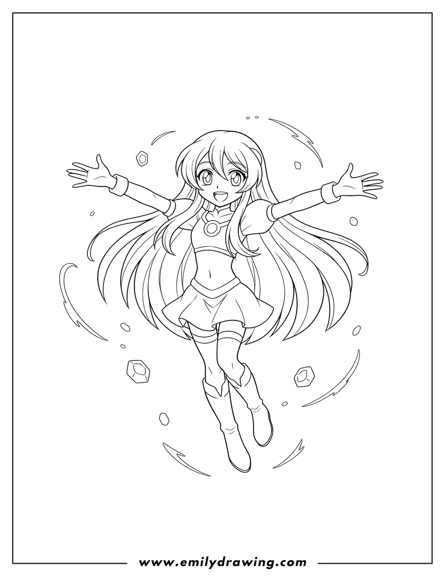 Clean line drawing: alice Gehabich floating with arms spread in a cute pose