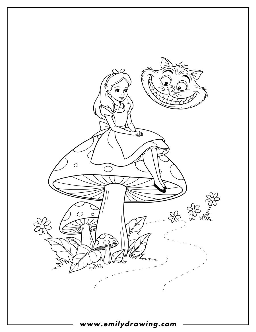Simple sketch of alice from Wonderland sitting on a large mushroom with the Cheshire Cat's smiling face behind her to color
