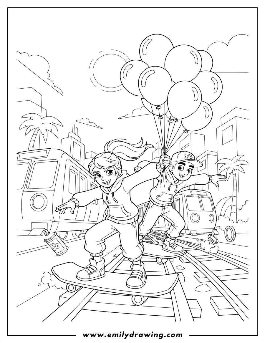 Printable line art of subway Surfers Alicia on hoverboard and Jake with balloons, racing on train tracks