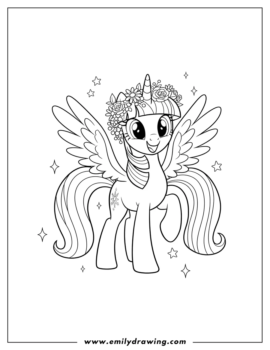 Coloring sheet featuring alicorn Twilight Sparkle wearing a flower crown and smiling