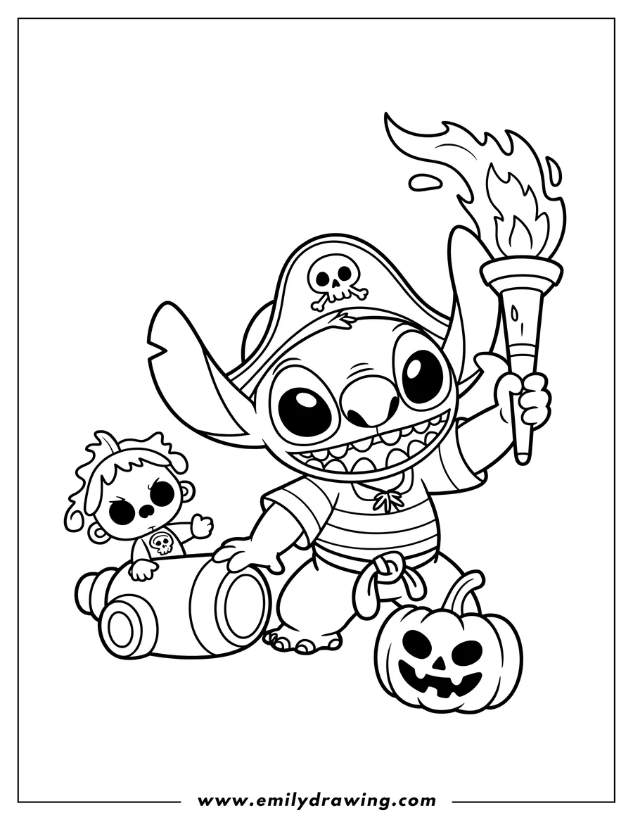 Black and white line art of alien Character (Stitch)