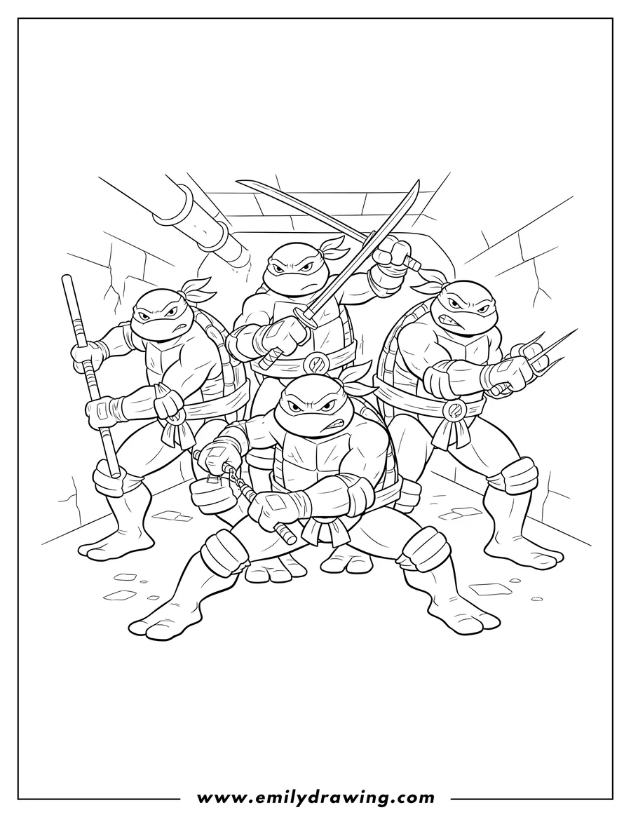 Downloadable coloring page of ninja Turtles Movies: All four turtles with their weapons, ready for action