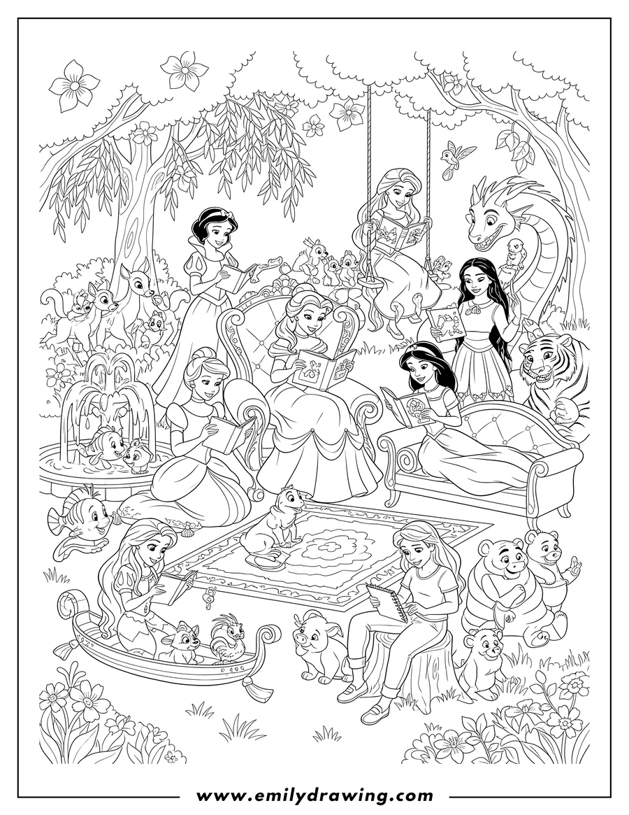 Clean line drawing: all Disney Princesses gathered, some reading and with animal friends
