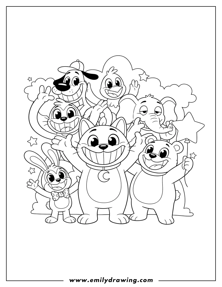 High quality printable all Smiling Critters posing cheerfully together for coloring