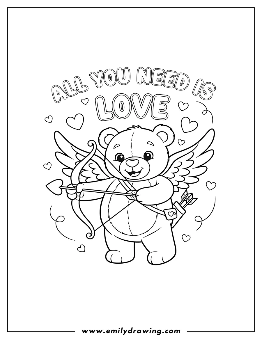 Linear illustration of all You Need Is Love Cupid Bear with wings holding a bow and arrow