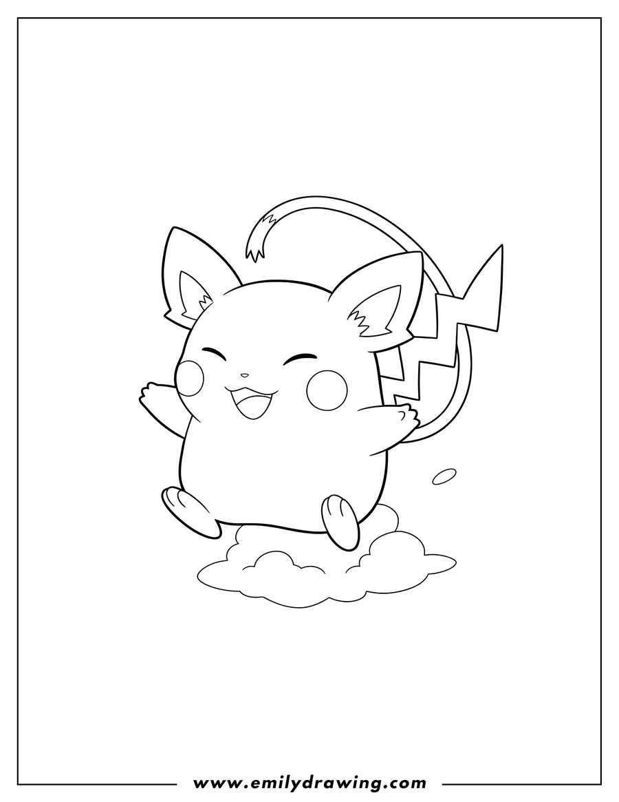 Clean line drawing: alolan Raichu floating happily with its long, lightning-bolt-tipped tail