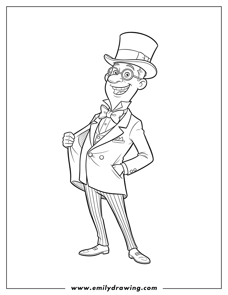 Outline drawing of easy Aloysius O Hare smiling and holding his jacket lapel