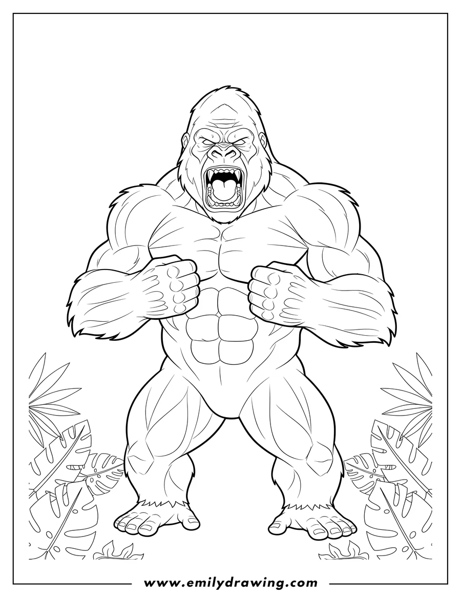 Simple sketch of alpha Gorilla standing and beating chest with an open mouth to color
