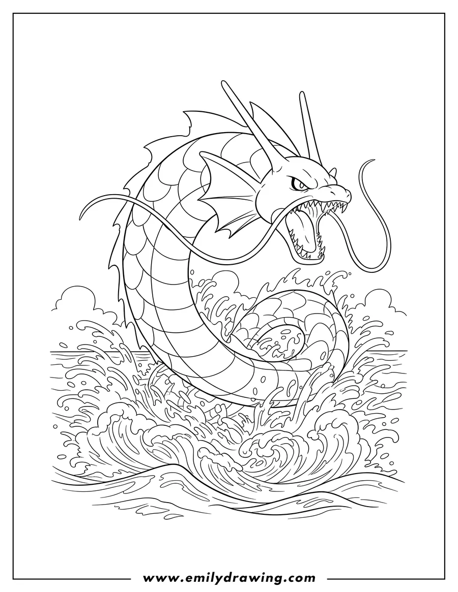 Free printable coloring sheet of alpha Shiny Gyarados roaring and splashing in the sea