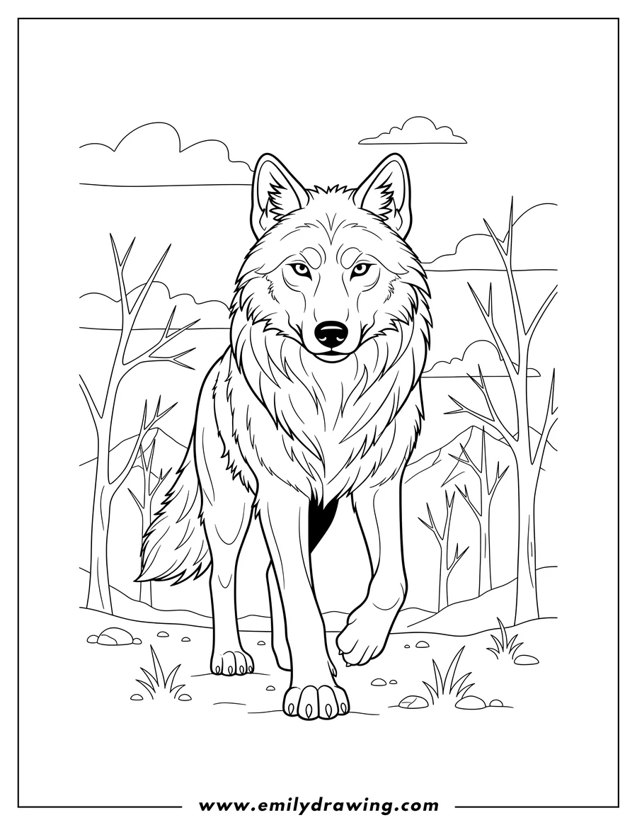 Simple sketch of alpha Wolf emerging from trees, walking with a direct gaze to color