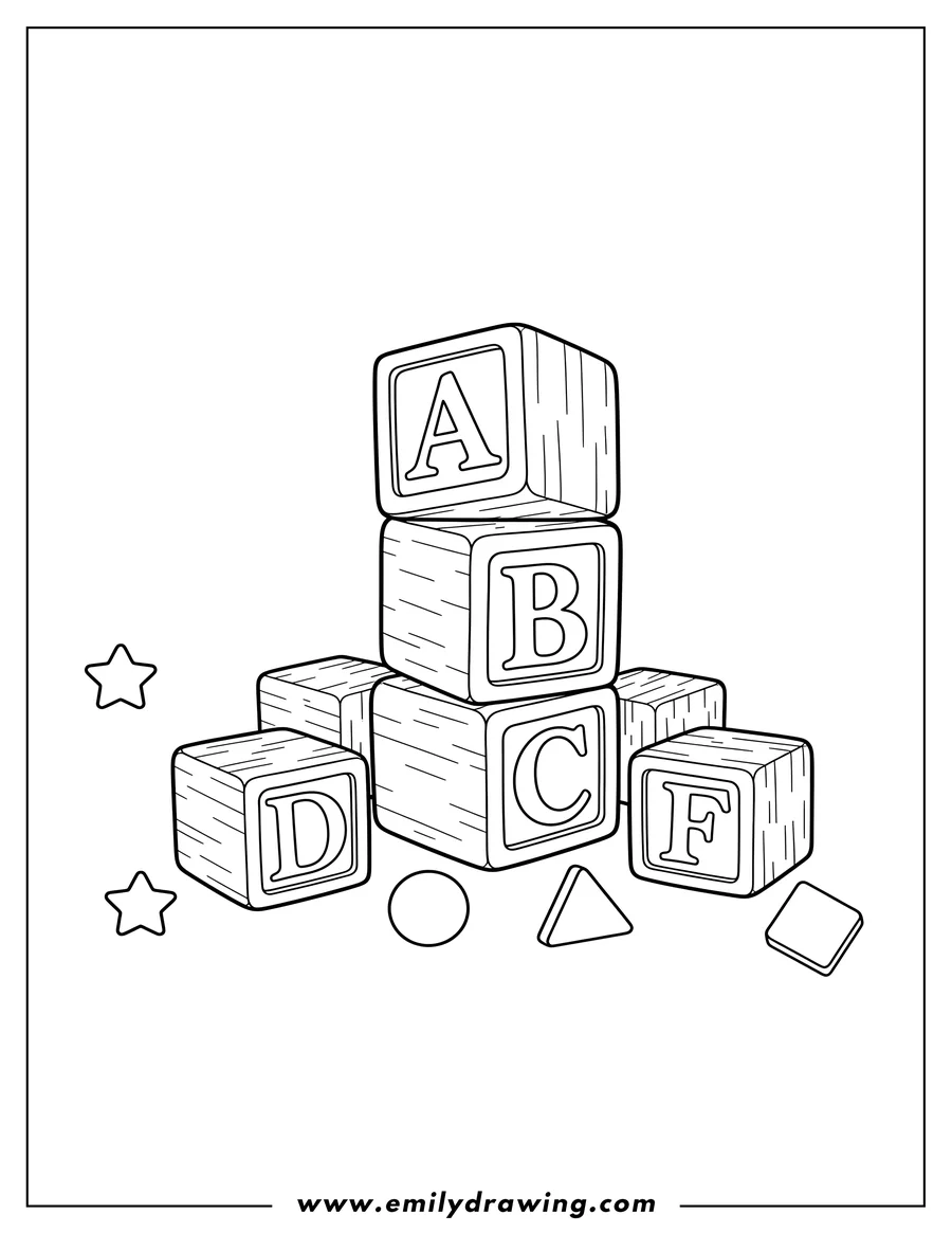 Black and white line art of alphabet Blocks, stacked with letters A, B, C, and scattered letters and shapes