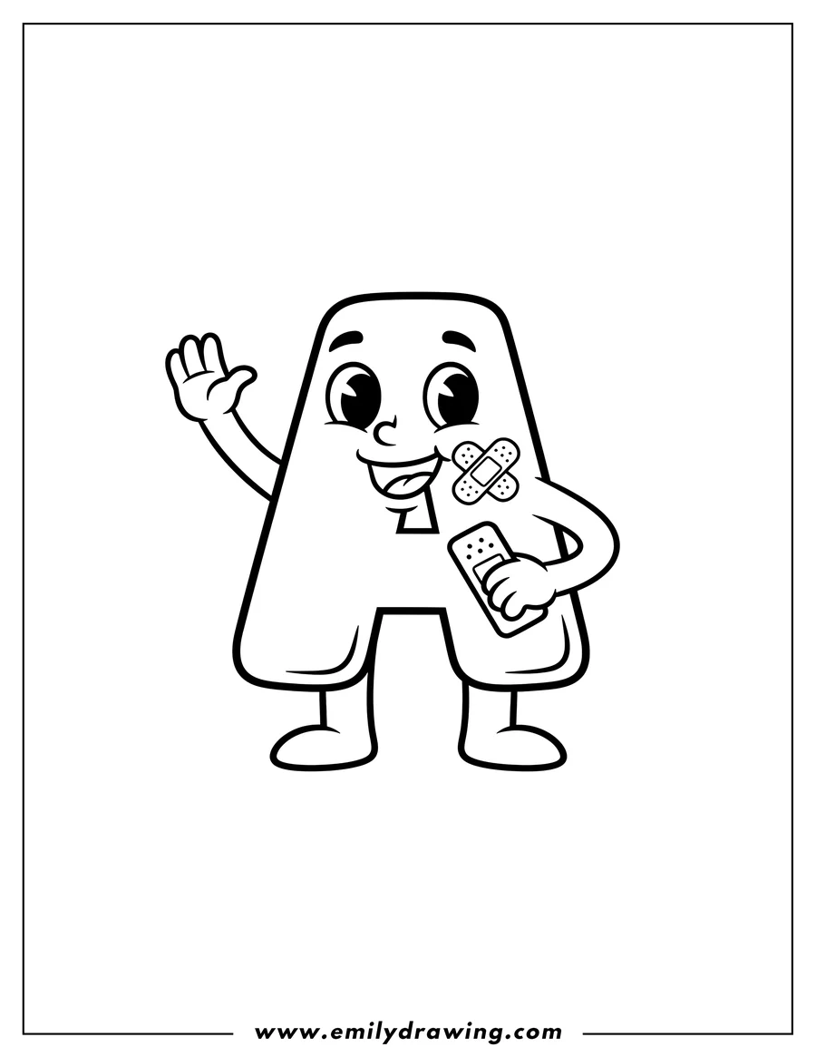 Clean line drawing: alphablock 'a' waving with a bandage on its cheek