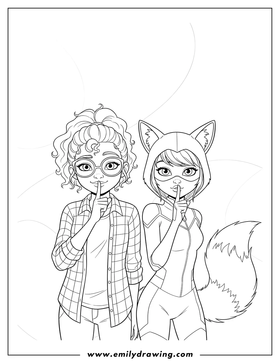 Doodle style coloring picture of alya Cesaire in glasses and plaid shirt with her masked superhero alter ego Rena Rouge making a shushing gesture