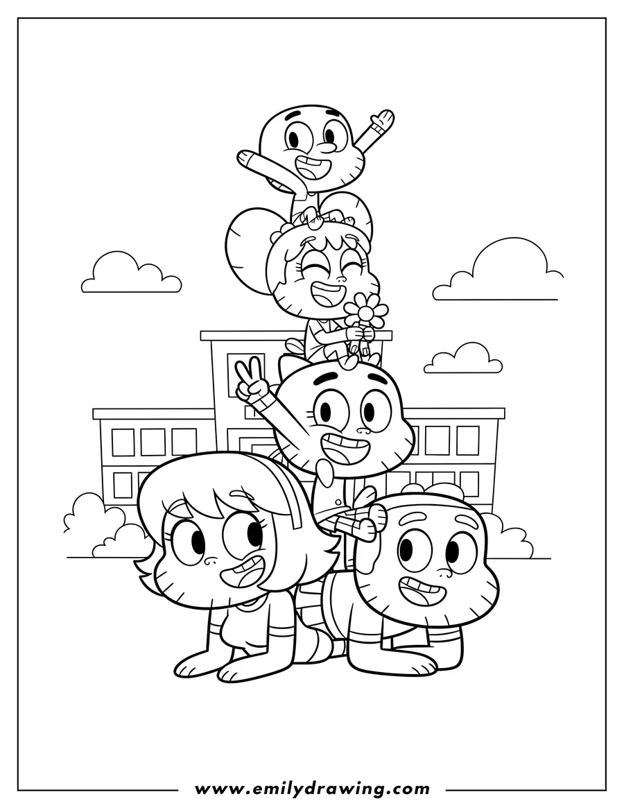 Simple sketch of amazing World Gumball Tv, Watterson family stacked in a pyramid and smiling to color