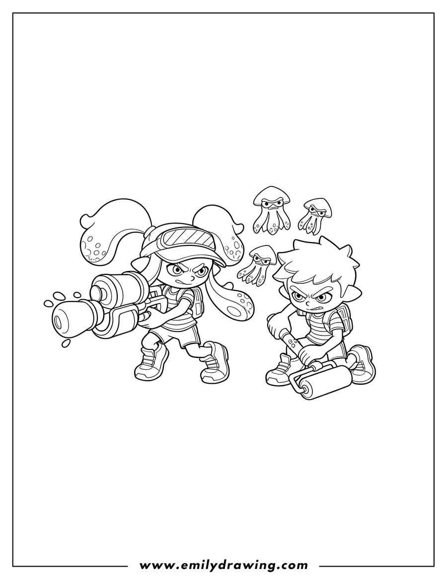 Free to print drawing of amiibo Inkling Girl Neon Pink shooting her weapon Vs Inkling Boy Neon Green crouching, with flying squid forms